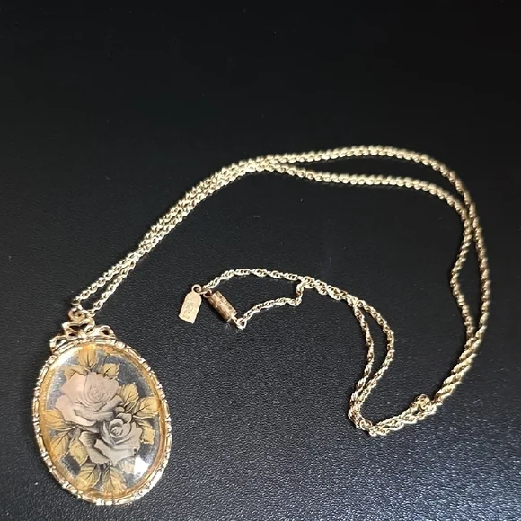 1928 Victorian Revival Transparent Roses Floral Pendant Necklace - Picture 11 of 14